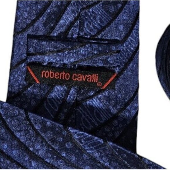 ROBERTO CAVALLI Men's 100% Silk Tie LUXURY Blue Wave Monogram W:3.4" EUC - Picture 2 of 5